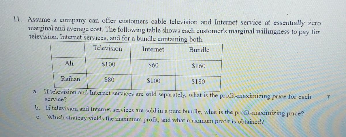 11. Assume a company can offer customers cable television and Internet service at essentially zero
marginal and average cost. The following table shows each customer's marginal willingness to pay for
television, Internet services, and for a bundle containing both.
Television
Internet
Bundle
Ali
Raihan
C.
$100
www.
$100
$180
a. If television and Internet services are sold separately, what is the profit-maximizing price for each
service?
$60
$80
$160
b.
If television and Internet services are sold in a pure bundle, what is the profit-maximizing price?
Which strategy yields the maximum profit, and what maximum profit is obtained?
I