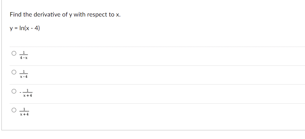 Find the derivative of y with respect to x.
y = In(x - 4)
x-4
O - 1
x+4
O 1
x+4
