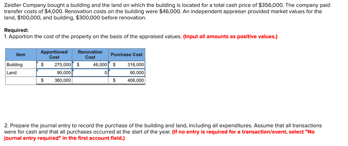 Zeidler Company bought a building and the land on which the building is located for a total cash price of $356,000. The company paid
transfer costs of $4,000. Renovation costs on the building were $46,000. An independent appraiser provided market values for the
land, $100,000, and building, $300,000 before renovation.
Required:
1. Apportion the cost of the property on the basis of the appraised values. (Input all amounts as positive values.)
Item
Building
Land
Apportioned
Cost
Renovation
Cost
$ 270,000 $
90,000
360,000
$
46,000
0
Purchase Cost
$
$
316,000
90,000
406,000
2. Prepare the journal entry to record the purchase of the building and land, including all expenditures. Assume that all transactions
were for cash and that all purchases occurred at the start of the year. (If no entry is required for a transaction/event, select "No
journal entry required" in the first account field.)