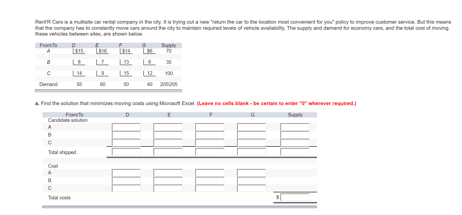 Rent'R Cars is a multisite car rental company in the city. It is trying out a new "return the car to the location most convenient for you" policy to improve customer service. But this means
that the company has to constantly move cars around the city to maintain required levels of vehicle availability. The supply and demand for economy cars, and the total cost of moving
these vehicles between sites, are shown below.
From\To
Supply
70
| $16
$15
$14
$6
8
13
35
14
9.
15
12
100
Demand
55
60
50
40
205\205
a. Find the solution that minimizes moving costs using Microsoft Excel. (Leave no cells blank - be certain to enter "0" wherever required.)
From/To
Candidate solution
Supply
Total shipped
Cost
A
$ [
Total costs
