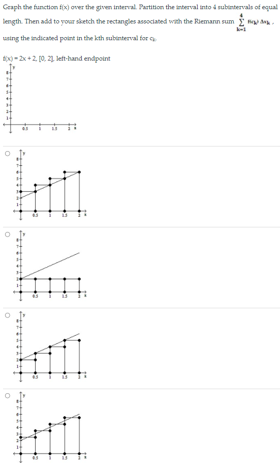 Graph the function f(x) over the given interval. Partition the interval into 4 subintervals of equal
length. Then add to your sketch the rectangles associated with the Riemann sum £ fck) Axk ,
k-1
using the indicated point in the kth subinterval for c.
f(x) = 2x +2, [0, 2], left-hand endpoint
8.
7+
4+
3+
0.5
1
1.5
7+
6-
5-
2
0.5
1
15
7+
6+
5+
4-
3-
1+
0.5
1
1.5
7-
6+
5-
1+
0.5
7+
6-
1.5
