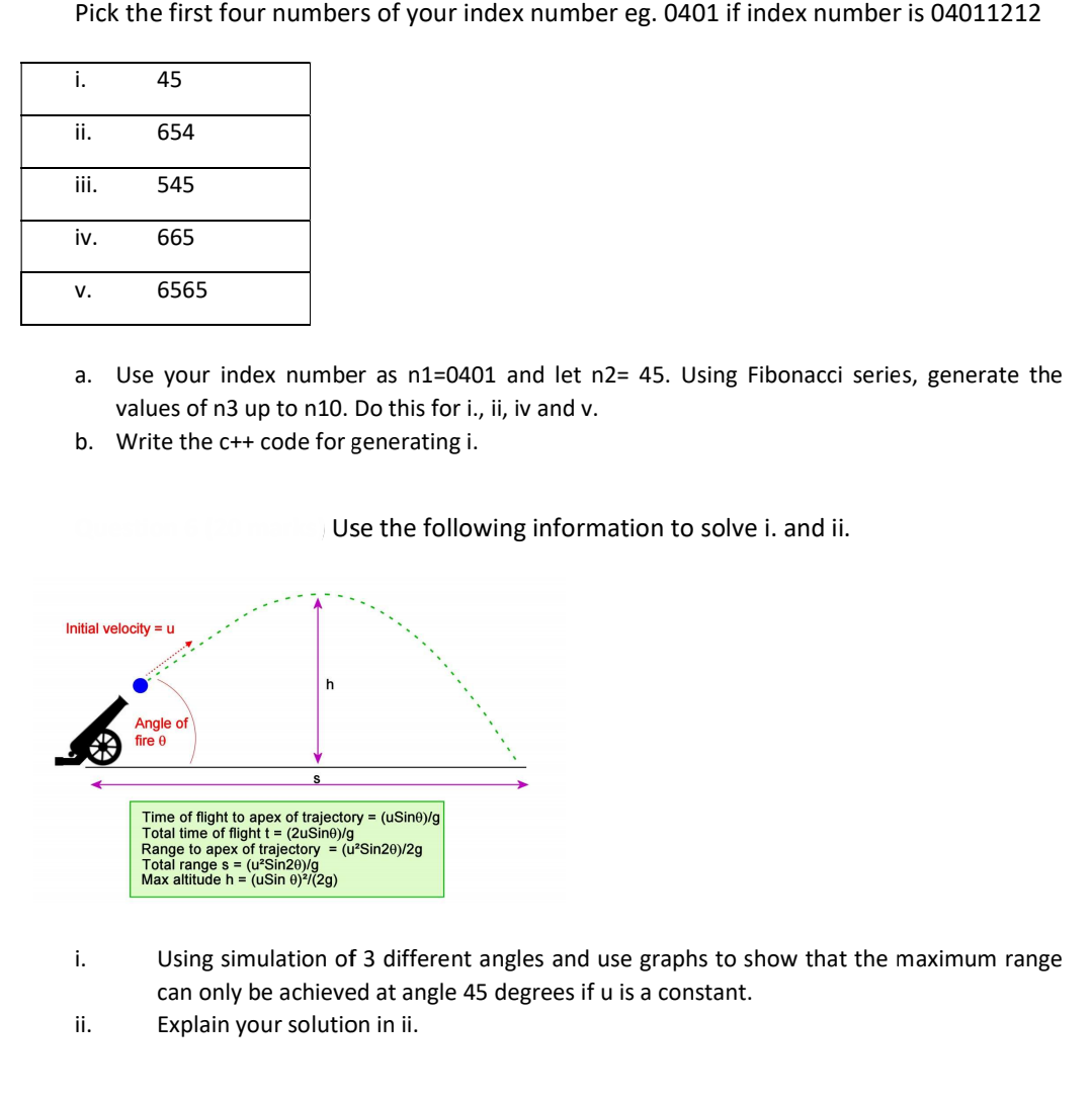 Pick the first four numbers of your index number eg. 0401 if index number is 04011212
i.
45
ii.
654
ii.
545
iv.
665
V.
6565
а.
Use your index number as n1=0401 and let n2= 45. Using Fibonacci series, generate the
values of n3 up to n10. Do this for i., ii, iv and v.
b. Write the c++ code for generating i.
Use the following information to solve i. and ii.
Initial velocity = u
Angle of
fire 0
Time of flight to apex of trajectory = (uSine)/g
Total time of flight t = (2uSine)/g
Range to apex of trajectory = (u?Sin20)/2g
Total range s = (u?Sin20)/g
Max altitude h = (uSin 0)?/(2g)
Using simulation of 3 different angles and use graphs to show that the maximum range
can only be achieved at angle 45 degrees if u is a constant.
Explain your solution in ii.
i.
ii.
