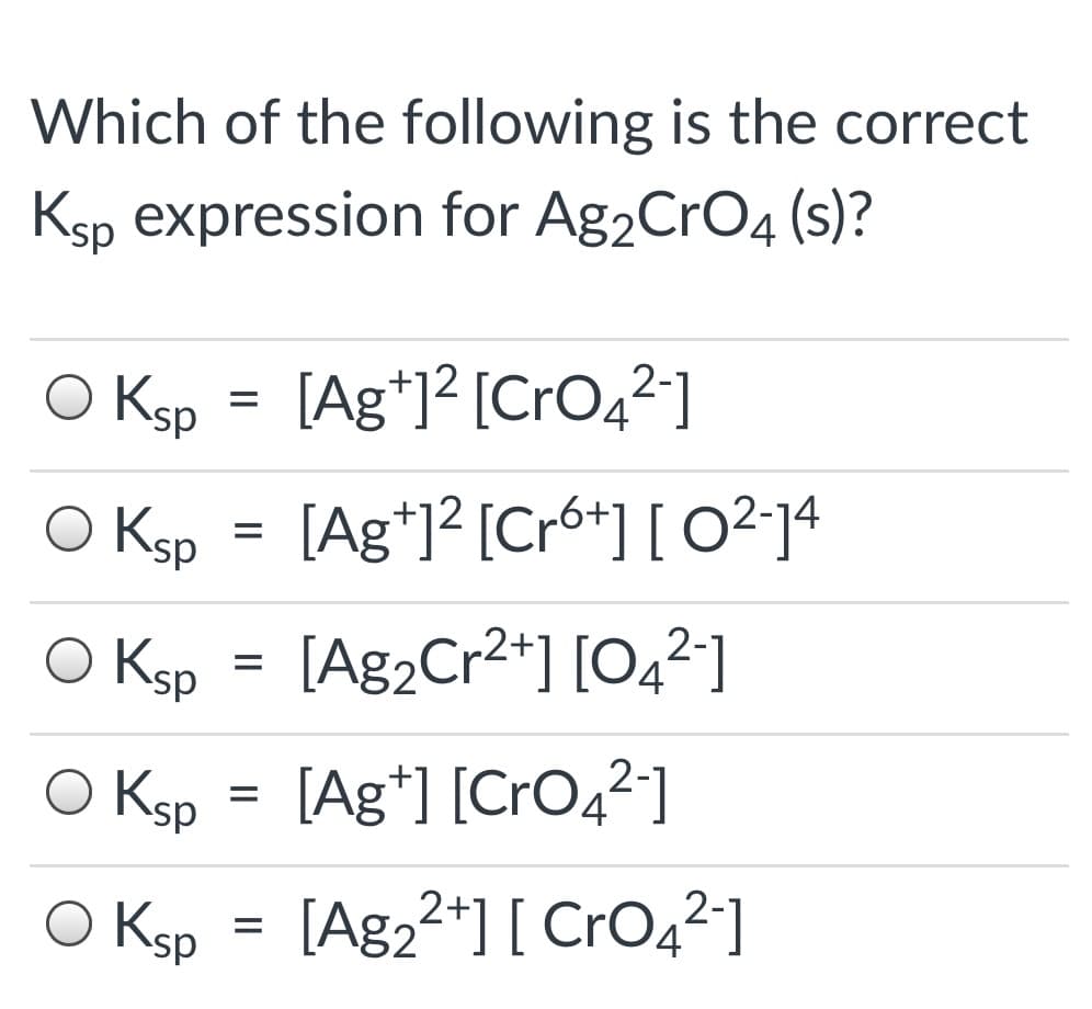 Which of the following is the correct
Ksp expression for Ag2CrO4 (s)?
[Ag*]² [CrO4²]
O Ksp
O Ksp = [Ag*1? [Cr6*] [ O²-]ª
[Ag2Cr2*] [O4²]
O Ksp
[Ag*] [CrO4²]
O Ksp
[Ag2*] [ CrO4²]
O Ksp
