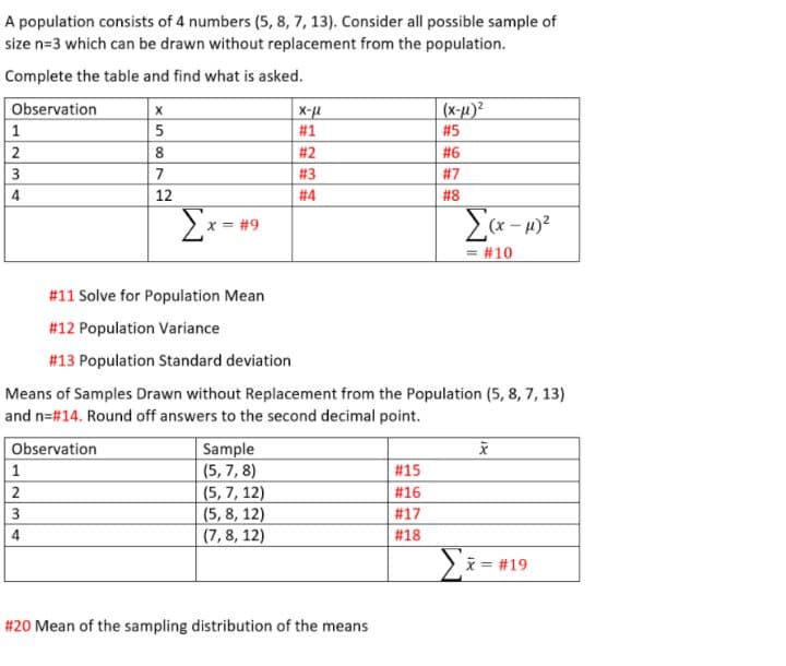 A population consists of 4 numbers (5, 8, 7, 13). Consider all possible sample of
size n=3 which can be drawn without replacement from the population.
Complete the table and find what is asked.
Observation
(x-µ)?
X-u
#1
1
5
# 5
8
# 2
# 6
3
7
# 3
#7
4
12
# 4
# 8
Σ
#9
= #10
# 11 Solve for Population Mean
# 12 Population Variance
# 13 Population Standard deviation
Means of Samples Drawn without Replacement from the Population (5, 8, 7, 13)
and n=#14. Round off answers to the second decimal point.
Observation
Sample
(5, 7, 8)
(5, 7, 12)
(5, 8, 12)
(7,8, 12)
1
#15
2
#16
3
#17
4
#18
>i = #19
# 20 Mean of the sampling distribution of the means
