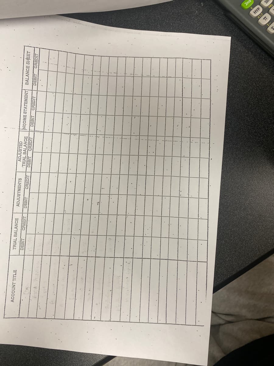 ACCOUNT TITLE
TRIAL BALANCE
DEBIT CREDIT
ADJUSTMENTS
DEBIT
CREDIT
ADJUSTED
TRIAL BALANCE
DEBIT CREDIT
INCOME STATEMENT
DEBIT CREDIT
BALANCE SHEET
DEBIT CREDIT
I
TT
2nd
HYP
Sir