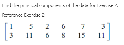 Find the principal components of the data for Exercise 2.
Reference Exercise 2:
5
2
6.
3
11
3
11
6.
15
["
