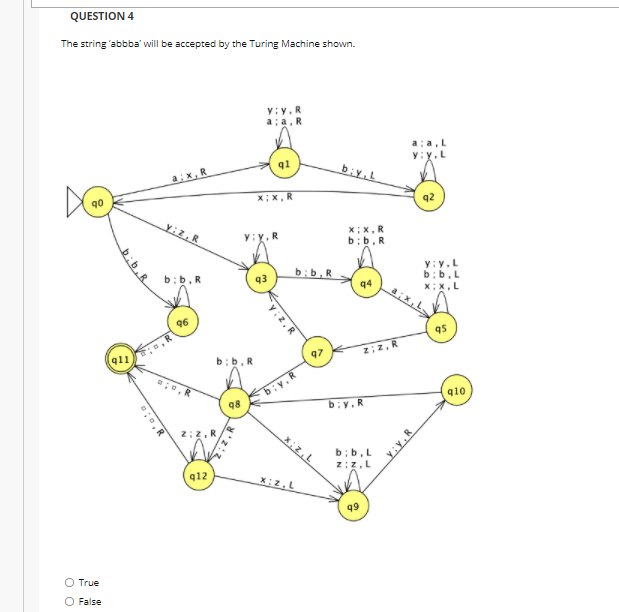 QUESTION 4
The string 'abbba' will be accepted by the Turing Machine shown.
q0
O True
O False
q11
aix, R
yiz,R
b; b. R
96
b;b, R
z; Z, R
q12
98
Y:y. R
a;a, R
q1
X;X, R
, R
93
bib,R
97
X; z.L
x: z.L
by L
X;X, R
b; b. R
94
z;z, R
b;y, R
99
b;b, L
z; Z, L
a; a, L
y:y.L
MAA
q2
y:y.L
b; b. L
x; x, L
95
q10