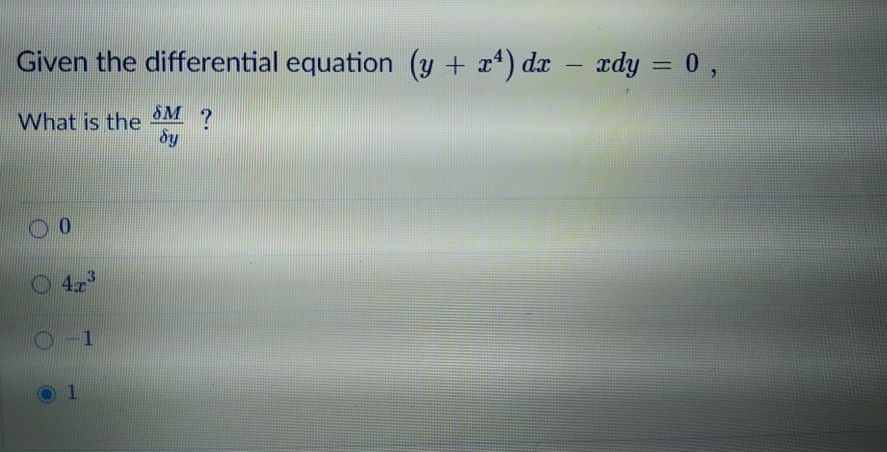 Given the differential equation (y + x) dx
ady = 0,
%3D
-
What is the SM ?
dy
423
2-1
