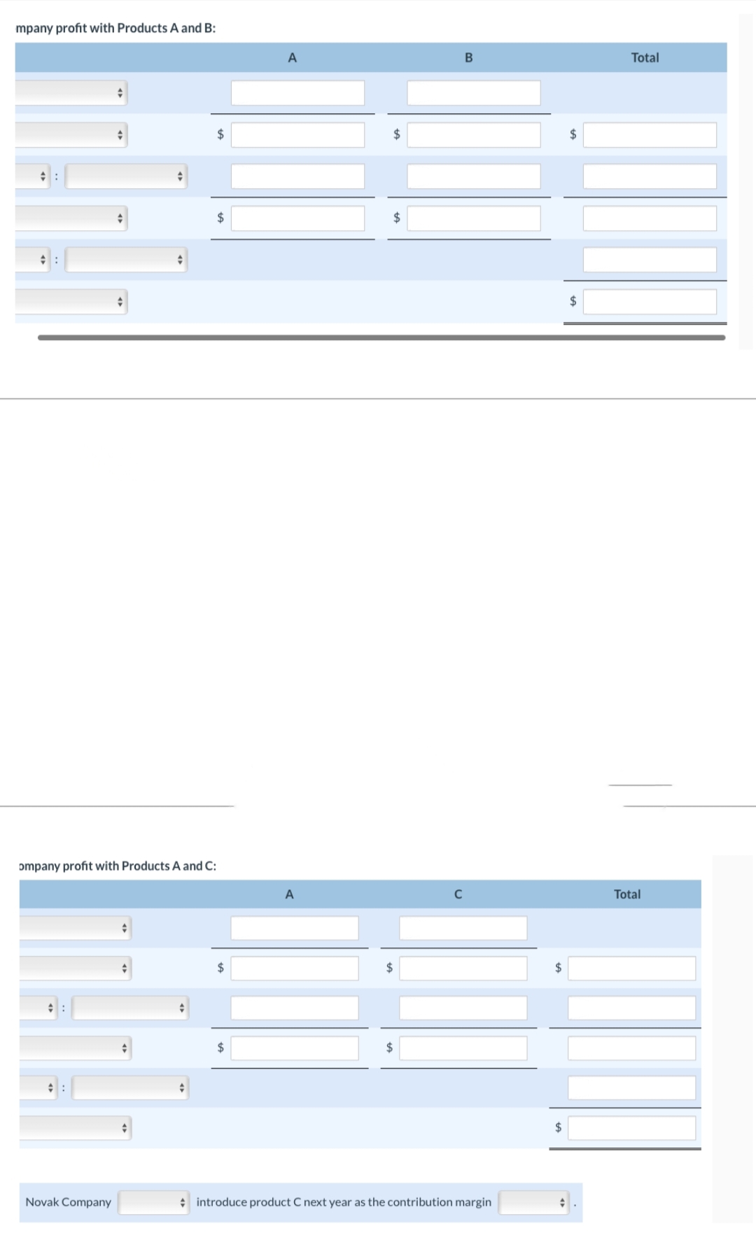 mpany profit with Products A and B:
+
Novak Company
+
ompany profit with Products A and C:
+
$
$
$
$
A
A
$
$
$
B
introduce product C next year as the contribution margin
$
$
$
Total
Total