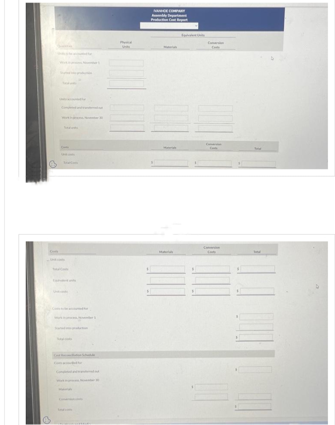 Units to be accounted for
Work in process, November 1
Costs
Started into production
Total units
Units accounted for
Completed and transderred out
Work in process, November 30
Total units
Costs
Unit costs
Total Costs
-Unit costs
Total Costs
Equivalent units
Unit costs
Costs to be accounted for
Work in process, November 1
Started into production
Total costs
Cost Reconciliation Schedule
Costs accounted for
Completed and transferred out
Work in process, November 30
Conversion costs
Total costs
Physical
Units
IVANHOE COMPANY
Assembly Department
Production Cost Report
Materials
Materials
Materials
Equivalent Units
S
Conversion
Costs
Conversion
Costs
Conversion
Costs
$
Total
Total