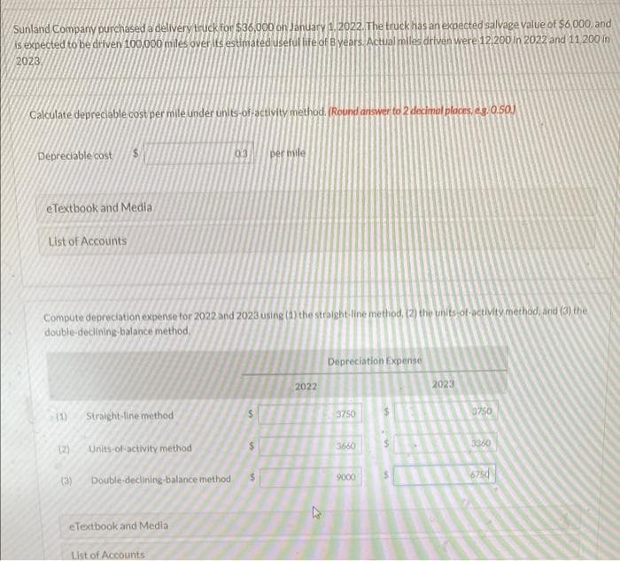 Sunland Company purchased a delivery truck for $36,000 on January 1, 2022. The truck has an expected salvage value of $6,000, and
is expected to be driven 100,000 miles over its estimated useful life of 8 years. Actual miles driven were 12,200 in 2022 and 11,200 in
2023
Calculate depreciable cost per mile under units-of-activity method. (Round answer to 2 decimal places, e.g.0.50.)
Depreciable cost
eTextbook and Media
List of Accounts
Compute depreciation expense for 2022 and 2023 using (1) the straight-line method, (2) the units-of-activity method, and (3) the
double-declining-balance method.
(2)
(3)
Straight-line method
Units-of-activity method
Double-declining-balance method
eTextbook and Media
03 per mile
List of Accounts
$
2022
Depreciation Expense
3750
3660
9000
2023
3750
3360
6750