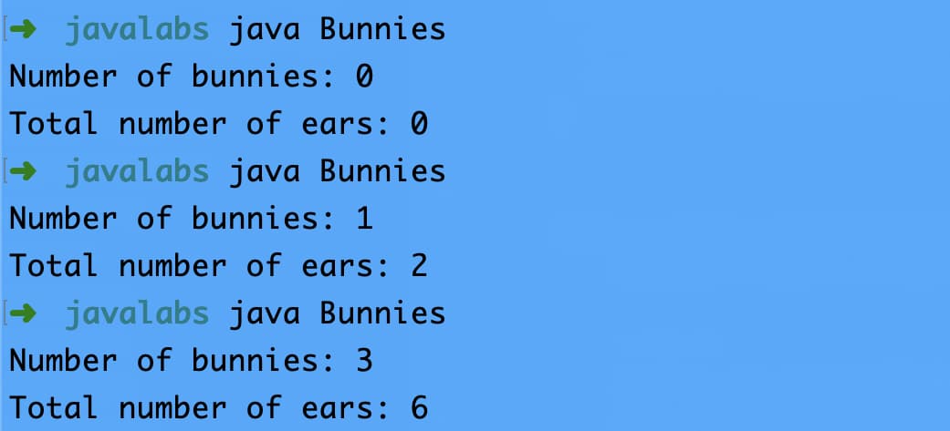 + javalabs java Bunnies
Number of bunnies: 0
Total number of ears: 0
+ javalabs java Bunnies
Number of bunnies: 1
Total number of ears: 2
javalabs java Bunnies
Number of bunnies: 3
Total number of ears: 6
