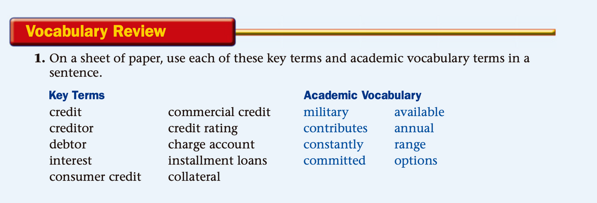 Vocabulary Review
1. On a sheet of paper, use each of these key terms and academic vocabulary terms in a
sentence.
Key Terms
Academic Vocabulary
credit
commercial credit
military
available
creditor
credit rating
contributes
annual
constantly
committed
debtor
charge account
range
interest
installment loans
options
consumer credit
collateral
