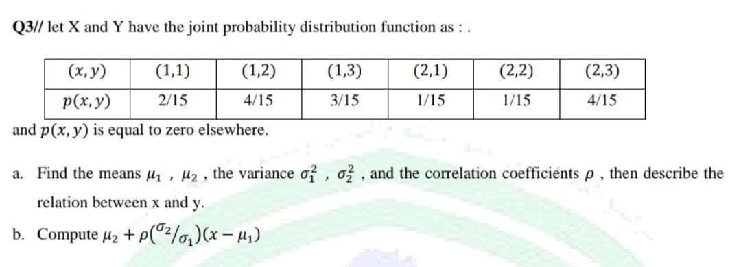 Q3// let X and Y have the joint probability distribution function as : .
(x, y)
(1,1)
(1,2)
(1,3)
(2,1)
(2,2)
(2,3)
p(x, y)
2/15
4/15
3/15
1/15
1/15
4/15
and p(x, y) is equal to zero elsewhere.
a. Find the means µi ,
H2 , the variance o?, o, and the correlation coefficients p , then describe the
relation between x and y.
b. Compute µ2 + p(²/o,)(x – H1)
