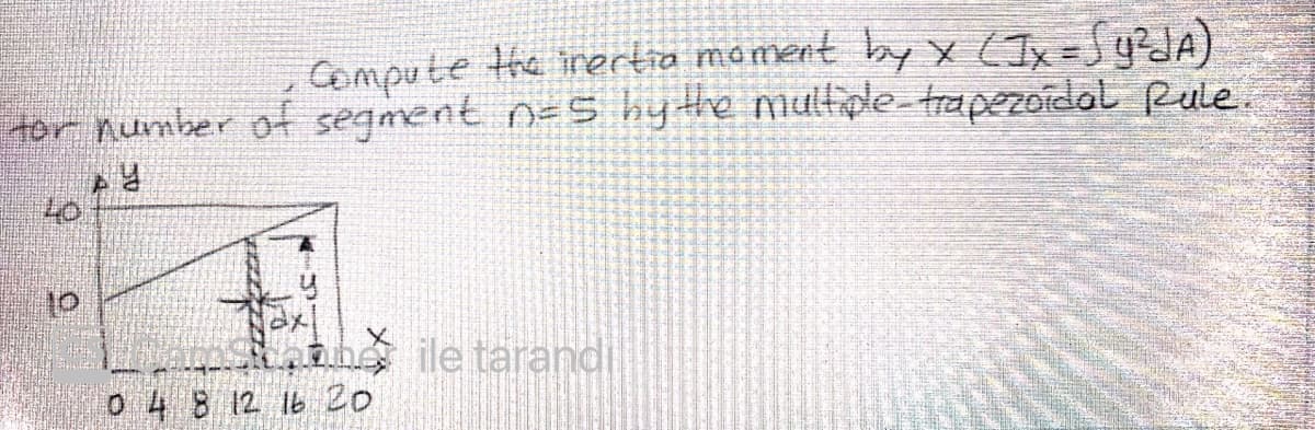 Compute the inertia móment by x ( Ix=Sy?JA)
tor number off segment n=s hyte multple-trapezoidal Rule.
40
ing ile tarandi
0 48 12 16 20
