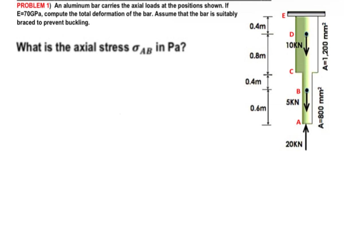 PROBLEM 1) An aluminum bar carries the axial loads at the positions shown. If
E=70GPA, compute the total deformation of the bar. Assume that the bar is suitably
braced to prevent buckling.
0.4m
D
What is the axial stress o Ag in Pa?
10KN
0.8m
0.4m
B
5KN
0.6m
20KN
A=800 mm?
A=1,200 mm²
