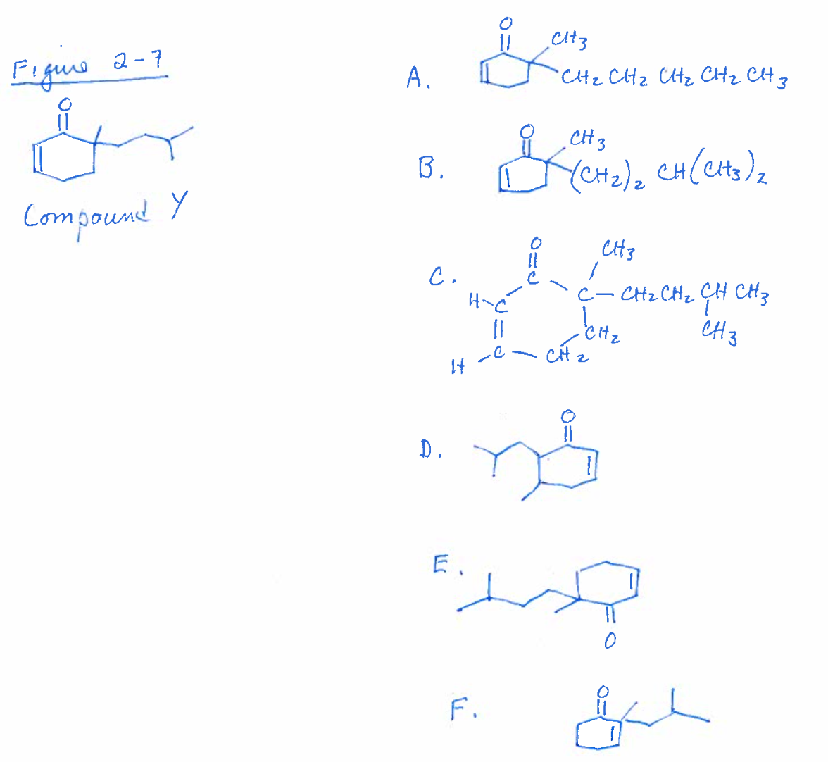 Figure 2-7
Compound Y
A.
CH 3
B. 1 (CH₂)₂ CH(CH3)₂
Cltz
•CH₂ CH₂ CH₂ CH ₂ CH 3
Ct3
C.
og forma
C - CH ₂ CH ₂ CH CH 3
CH 3
It
D.
lett₂
F.
Cit₂
ns
چیده
لے