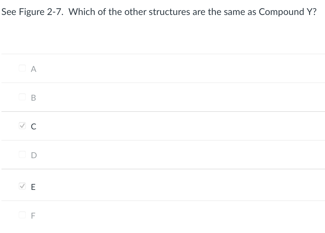 See Figure 2-7. Which of the other structures are the same as Compound Y?
A
B
UD
✓ C
✔E
F
LL