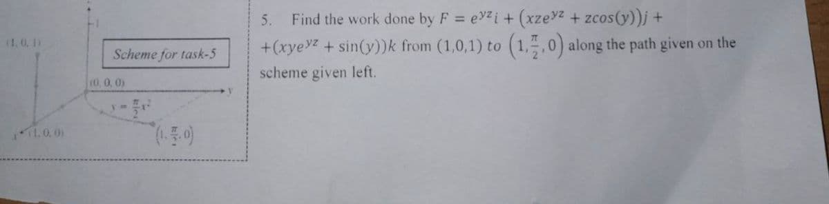 5.
Find the work done by F = eYzi + (xze2 + zcos(y)j +
(1, 0. 1)
+(xyevz + sin(y))k from (1,0,1) to (1,,0) along the path given on the
Scheme for task-5
scheme given left.
10, 0, 0)
1.0. 0)
