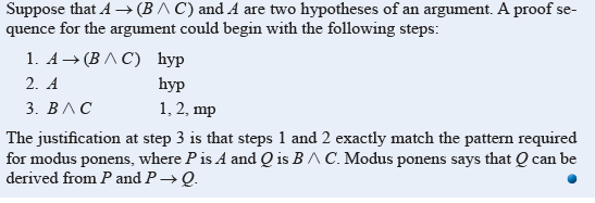 Suppose that A –→ (BA C) and A are two hypotheses of an argument. A proof se-
quence for the argument could begin with the following steps:
1. А— (ВЛС) hyp
2. A
hyp
1, 2, mp
3. ВЛС
The justification at step 3 is that steps 1 and 2 exactly match the pattern required
for modus ponens, where Pis A and Q is BA C. Modus ponens says that Q can be
| derived from P and P → Q.
