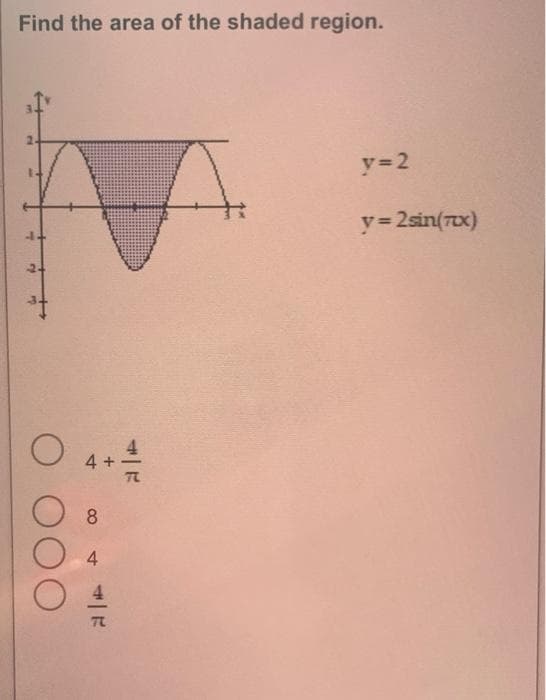 Find the area of the shaded region.
y 2
y= 2sin(70x)
2.
O 4+
8
4
7t
OOO
