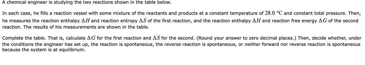 A chemical engineer is studying the two reactions shown in the table below.
In each case, he fills a reaction vessel with some mixture of the reactants and products at a constant temperature of 28.0 °C and constant total pressure. Then,
he measures the reaction enthalpy AH and reaction entropy AS of the first reaction, and the reaction enthalpy AH and reaction free energy AG of the second
reaction. The results of his measurements are shown in the table.
Complete the table. That is, calculate AG for the first reaction and AS for the second. (Round your answer to zero decimal places.) Then, decide whether, under
the conditions the engineer has set up, the reaction is spontaneous, the reverse reaction is spontaneous, or neither forward nor reverse reaction is spontaneous
because the system is at equilibrium.