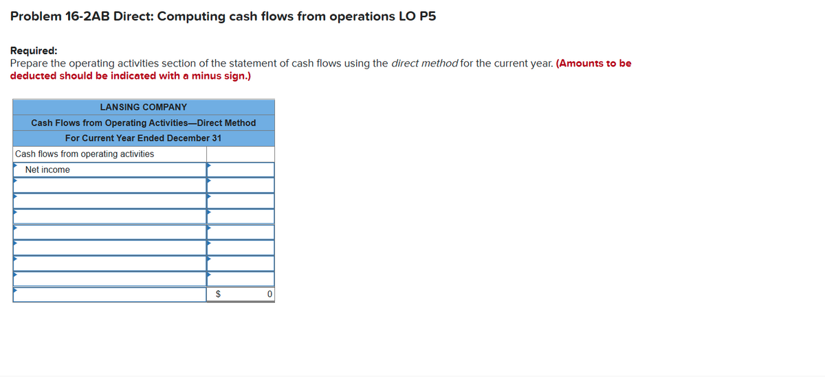 Problem 16-2AB Direct: Computing cash flows from operations LO P5
Required:
Prepare the operating activities section of the statement of cash flows using the direct method for the current year. (Amounts to be
deducted should be indicated with a minus sign.)
LANSING COMPANY
Cash Flows from Operating Activities-Direct Method
For Current Year Ended December 31
Cash flows from operating activities
Net income
