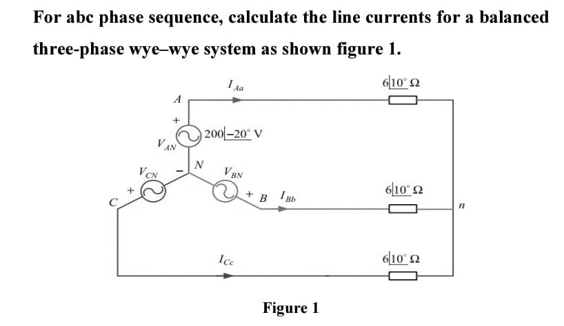 For abc phase sequence, calculate the line currents for a balanced
three-phase wye-wye system as shown figure 1.
6|10° 2
I a
A
| 200–20° V
VAN
N
VBN
VCN
6|10° 2
+ B
I Bb
610° 2
Ice
Figure 1
