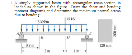 1. A simply supported beam with rectangular cross-section is
loaded as shown in the figure. Draw the shear and bending
moment diagrams and determine the maximum normal stress
due to bending.
|15 kN
6 kN/m
E
A
В
D
120 mm
0.8 m
2 m
