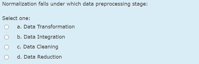 Normalization falls under which data preprocessing stage:
Select one:
a. Data Transformation
b. Data Integration
c. Data Cleaning
d. Data Reduction
