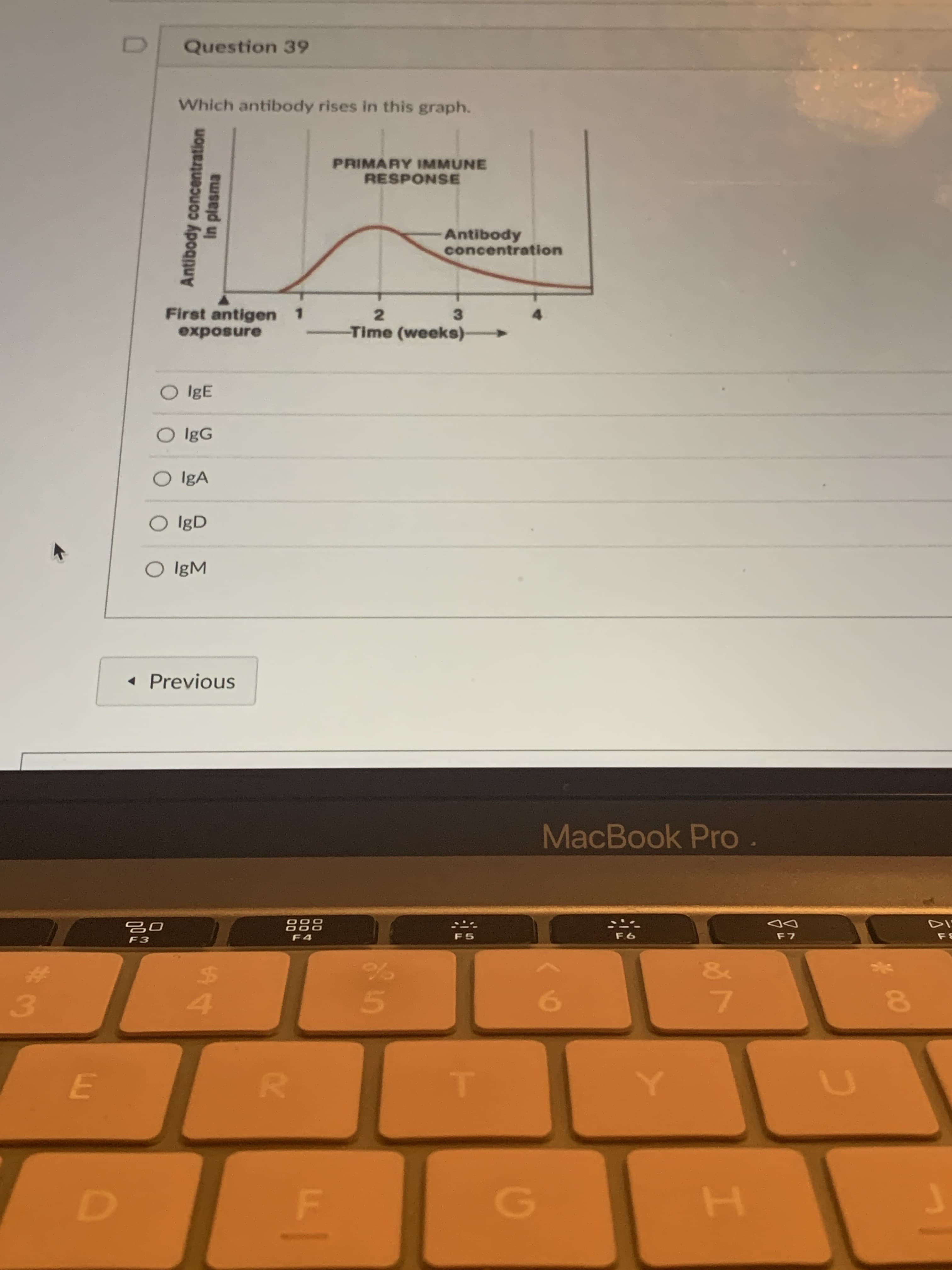 Question 39
Which antibody rises in this graph.
PRIMARY IMMUNE
RESPONSE
Antibody
concentration
First antigen 1
exposure
4.
Time (weeks)
O IgE
IgG
O IgA
IgD
O IgM
Antibody concentration
In plasma
