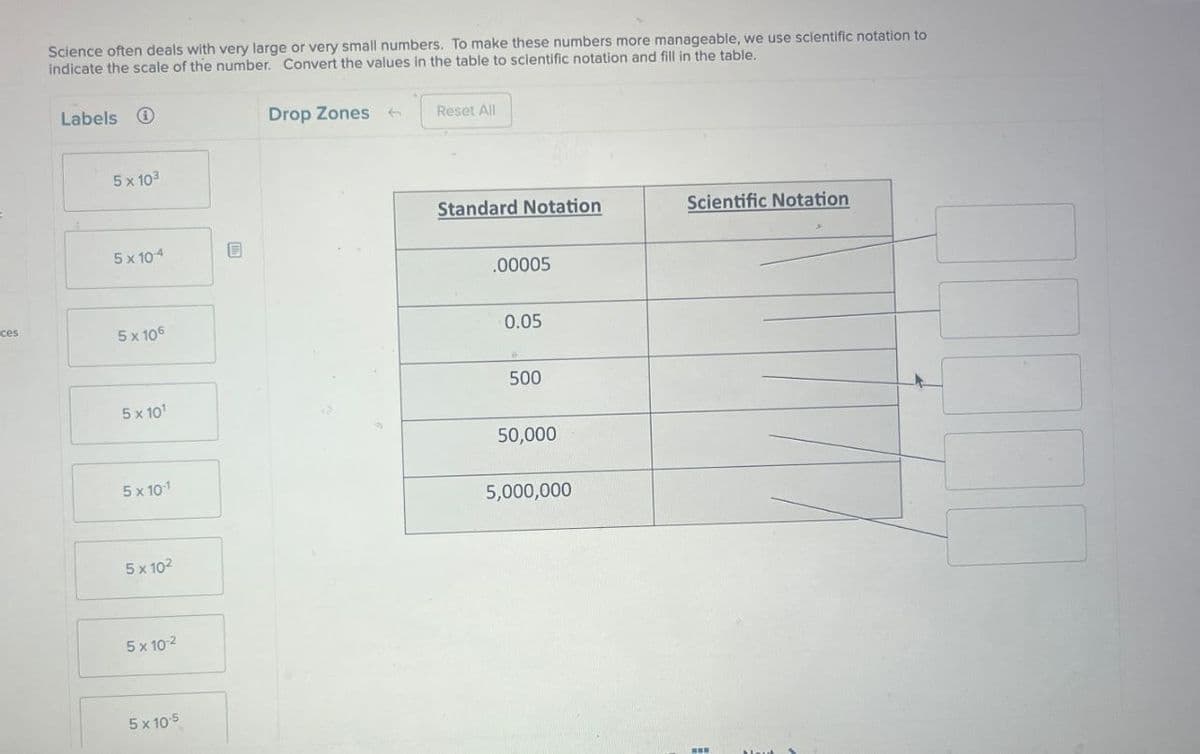 ces
Science often deals with very large or very small numbers. To make these numbers more manageable, we use scientific notation to
indicate the scale of the number. Convert the values in the table to scientific notation and fill in the table.
Labels
Drop Zones ← Reset All
5 x 103
5 x 10-4
5 x 106
Standard Notation
Scientific Notation
.00005
0.05
5 x 101
5 x 10-1
500
50,000
5,000,000
5 x 102
5 x 10-2
5 x 10-5