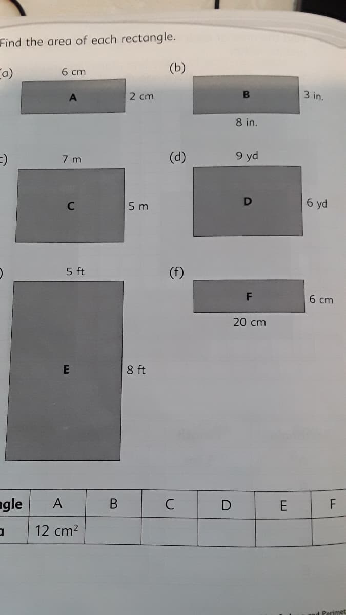 Find the area of each rectangle.
(b)
Ca)
6 cm
3 in.
2 cm
8 in.
7 m
(d)
9 yd
6 yd
C
5 m
5 ft
F
6 cm
20 cm
E
8 ft
ngle
A
C
12 cm2
d Perimet
