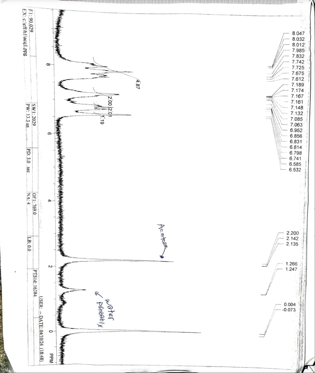 FI: 90.029
EX: c:\efthacql.ppg
8
4.87
2.00 2.01
1.19
6
8.047
8.032
8.012
7.985
7.832
7.742
7.725
7.675
7.612
7.189
7.174
7.167
7 161
7 148
7.132
7.085
7.063
-6.952
SWI: 2029
PW: 13.3 us
PD: 3.0 sec
OFI: 769.0
NA: 4
PTSId: 16384
LB: 0.0
2
- 6.856
6.831
6.814
6.798
6.741
6.585
Acetone
-6.532
water
probably
0
PPM
USER: DATE: 04/10/24 (18:48)
898
1.266
1.247.
-0.004
-0.073