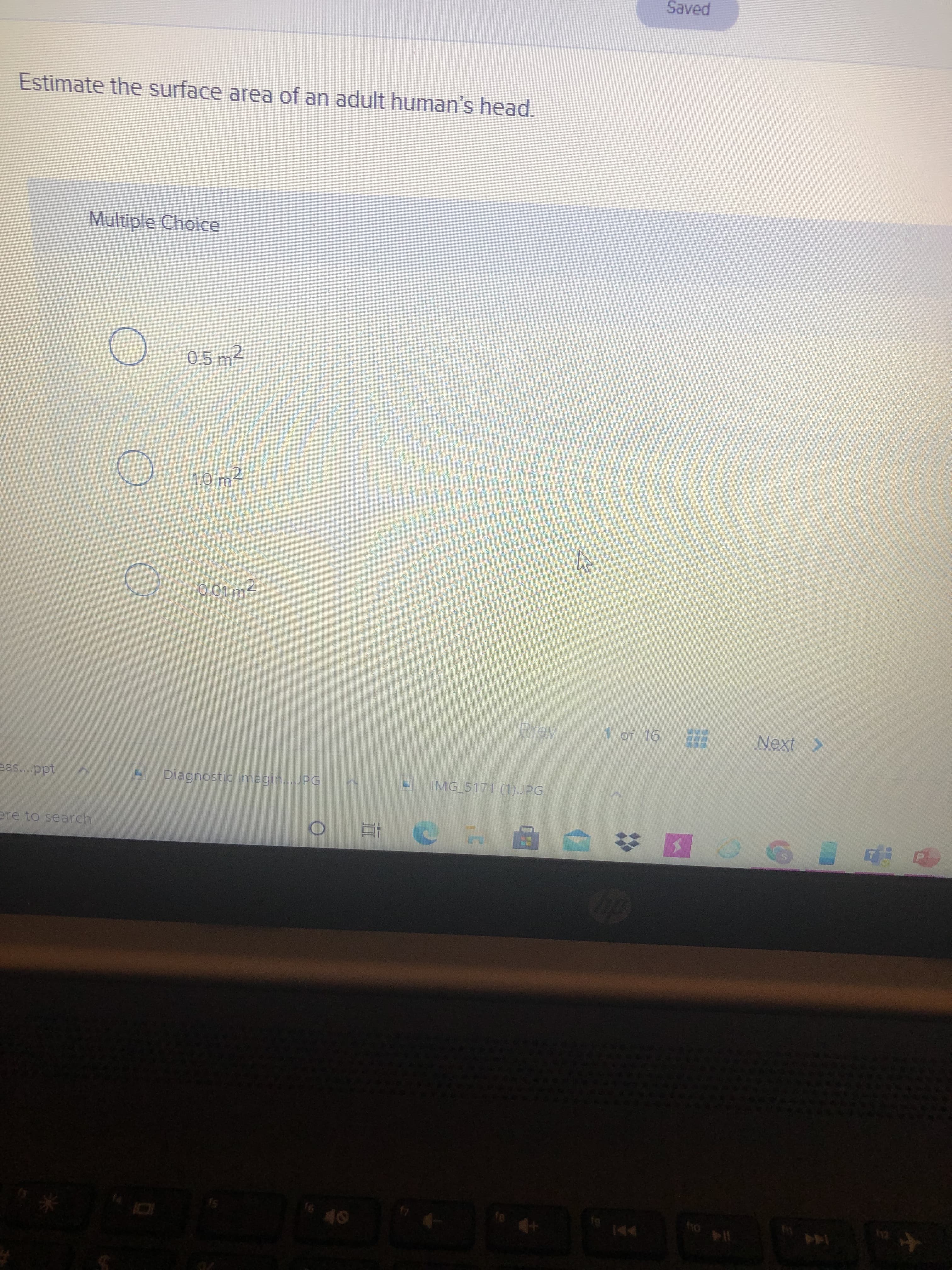 Saved
Estimate the surface area of an adult human's head.
Multiple Choice
0.5m²
1.0 m2
10m
0.01 m2
Prey
1 of 16
Next >
Diagnostic imagin..PG
IMG_5171 (1).JPG
ere to search
