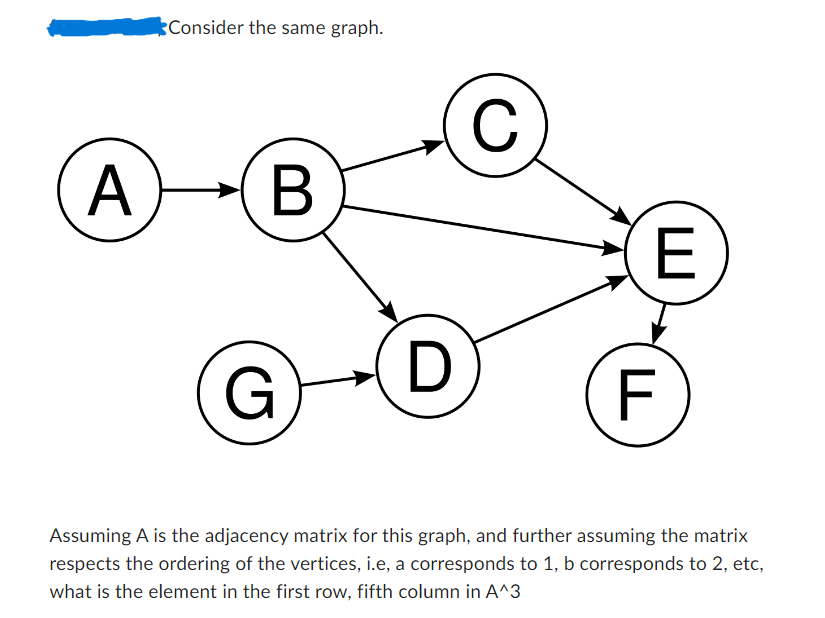 A
Consider the same graph.
B
G
D
C
E
TI
F
Assuming A is the adjacency matrix for this graph, and further assuming the matrix
respects the ordering of the vertices, i.e, a corresponds to 1, b corresponds to 2, etc,
what is the element in the first row, fifth column in A^3