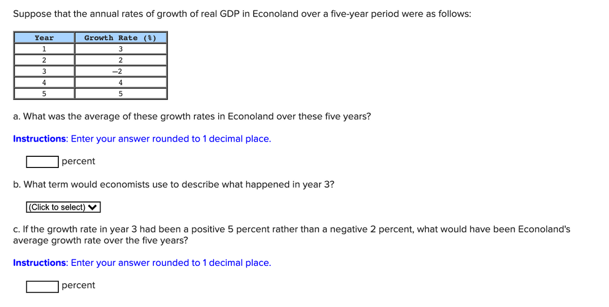 Suppose that the annual rates of growth of real GDP in Econoland over a five-year period were as follows:
Year
Growth Rate (%)
1
3
2
2
3
-2
4
4
5
a. What was the average of these growth rates in Econoland over these five years?
Instructions: Enter your answer rounded to 1 decimal place.
percent
b. What term would economists use to describe what happened in year 3?
|(Click to select) ♥
c. If the growth rate in year 3 had been a positive 5 percent rather than a negative 2 percent, what would have been Econoland's
average growth rate over the five years?
Instructions: Enter your answer rounded to 1 decimal place.
percent
