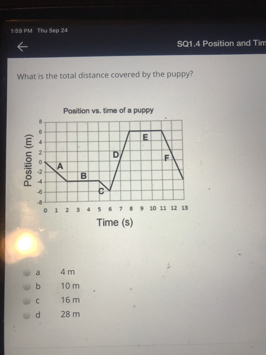 What is the total distance covered by the puppy?
Position vs. time of a puppy
D
A
-6
-8
0 1 2 3 4 5 6 7 8 9 10 11 12 13
Time (s)
a
4 m
b
10 m
16 m
28 m
8.
4,
Position (m)
