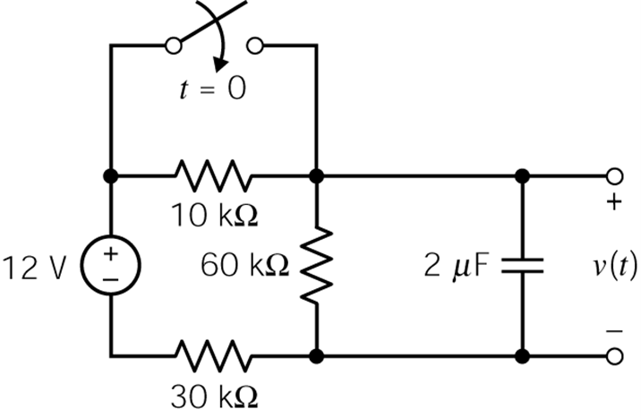 t = 0
%3D
10 kN
12 V (+
60 k2
2 μΕ
v(t)
30 k2
+
