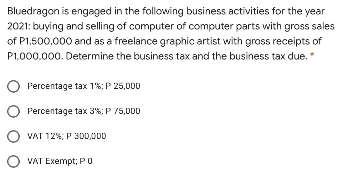 Bluedragon is engaged in the following business activities for the year
2021: buying and selling of computer of computer parts with gross sales
of P1,500,000 and as a freelance graphic artist with gross receipts of
P1,000,000. Determine the business tax and the business tax due. *
O Percentage tax 1%; P 25,000
O Percentage tax 3%; P 75,000
O VAT 12%; P 300,000
O VAT Exempt; P 0
