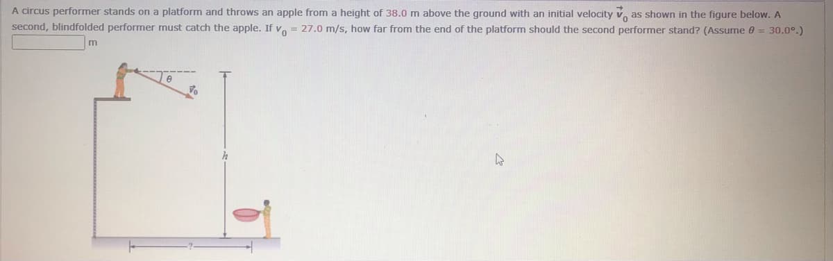 A circus performer stands on a platform and throws an apple from a height of 38.0 m above the ground with an initial velocity v, as shown in the figure below. A
second, blindfolded performer must catch the apple. If v, = 27.0 m/s, how far from the end of the platform should the second performer stand? (Assume 0 = 30.0°.)
