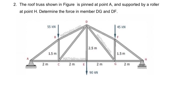 2. The roof truss shown in Figure is pinned at point A, and supported by a roller
at point H. Determine the force in member DG and DF.
55 kN
45 kN
MATHalino.com
2.5 m
1.5 m
1.5m
MATHalino.com
2 m
2 m
2 m
2 m
90 kN
con
