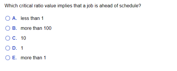 Which critical ratio value implies that a job is ahead of schedule?
A. less than 1
B. more than 100
O C.
10
1
O D.
O E. more than 1