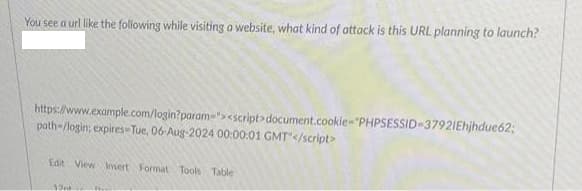 You see a url like the following while visiting a website, what kind of attack is this URL planning to launch?
https://www.example.com/login?param="> <script>document.cookie-"PHPSESSID-3792IEhjhdue62;
path-/login; expires-Tue, 06-Aug-2024 00:00:01 GMT"</script>
Edit View Inmert Format Tools Table
