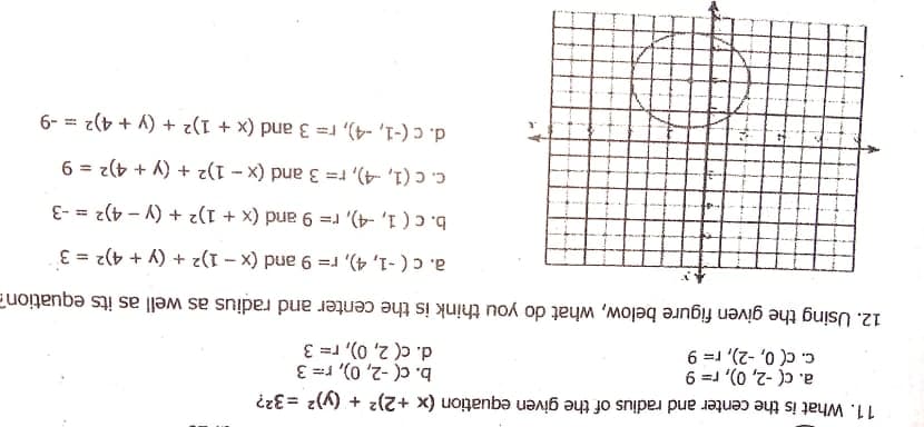 11. What is the center and radius of the given equation (x +2)2 + (y)? =32?
b. c( -2, 0), r= 3
d. c( 2, 0), r= 3
c( -2, 0), r= 9
C. C( 0, -2), r= 9
12. Using the given figure below, what do you think is the center and radius as well as its equation
a.c(-1, 4), r= 9 and (x - 1)2 + (y + 4)2 = 3
b. c ( 1, -4), r= 9 and (x + 1)2 + (y – 4)2 = -3
C. C (1, -4), r= 3 and (x - 1)2
(y + 4)2 = 9
%3D
d.c (-1, -4), r= 3 and (x + 1)2 + (y + 4)2 = -9
