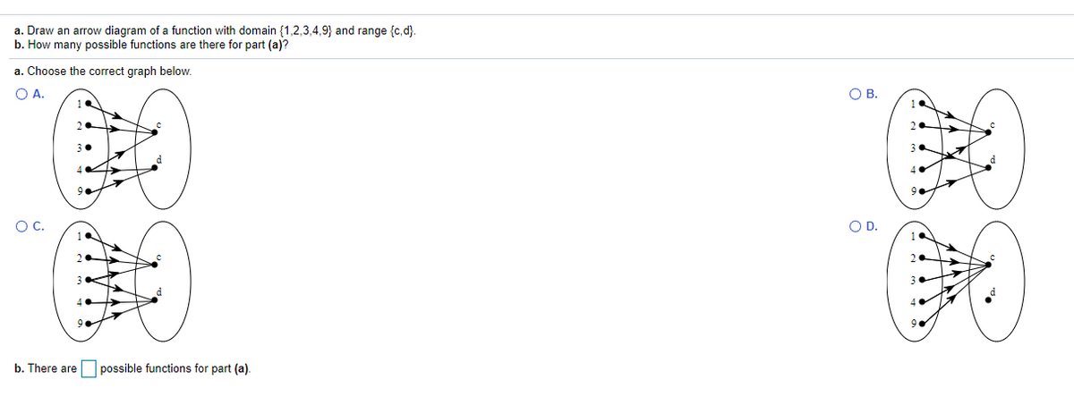 a. Draw an arrow diagram of a function with domain {1,2,3,4,9} and range {c, d}.
b. How many possible functions are there for part (a)?
a. Choose the correct graph below.
O A.
О В.
3•
9
OC.
OD.
9.
b. There are possible functions for part (a).
