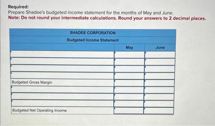 Required:
Prepare Shadee's budgeted income statement for the months of May and June.
Note: Do not round your intermediate calculations. Round your answers to 2 decimal places.
Budgeted Gross Margin
SHADEE CORPORATION
Budgeted Income Statement
Budgeted Net Operating Income
May
June