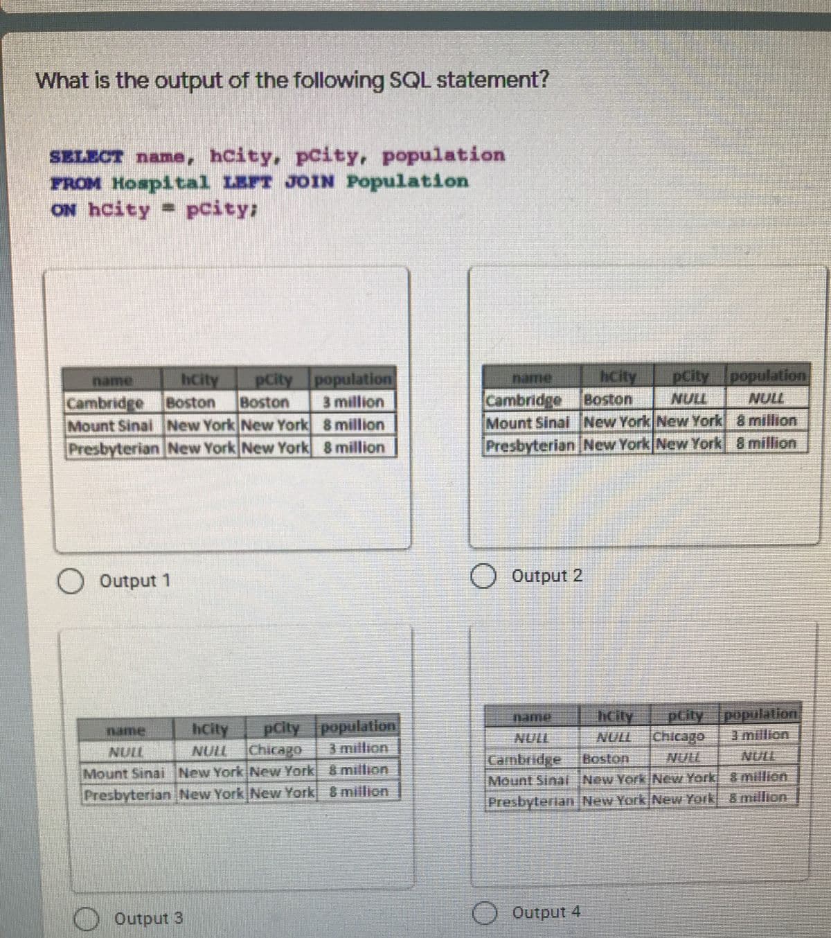 What is the output of the following SQL statement?
SELECT name, hCity, pcity, population
FROM Hospital LEFT JOIN Population
ON hcity = pcity;
hcity
pcitypopulation
pCity population
Boston
name
hcity
name
Cambridge
Mount Sinai New York New York 8 million
Presbyterian New York New York 8 million
3 million
Boston
Cambridge
Mount Sinal New York New York 8 million
Boston
TIN
7ION
Presbyterian New York New York 8 million
OOutput 1
Output 2
pCity population
3million
hCity
pCity population
Chicago
name
hcity
TION
NULL
Chicago
NULL
NULL
3 million
Cambridge
Boston
NULL
Mount Sinai New York New York 8 million
Mount Sinai INew YorK New York 8 million
Presbyterian New York New York 8million
Presbyterian New York New York & million
O Output 3
Output 4
