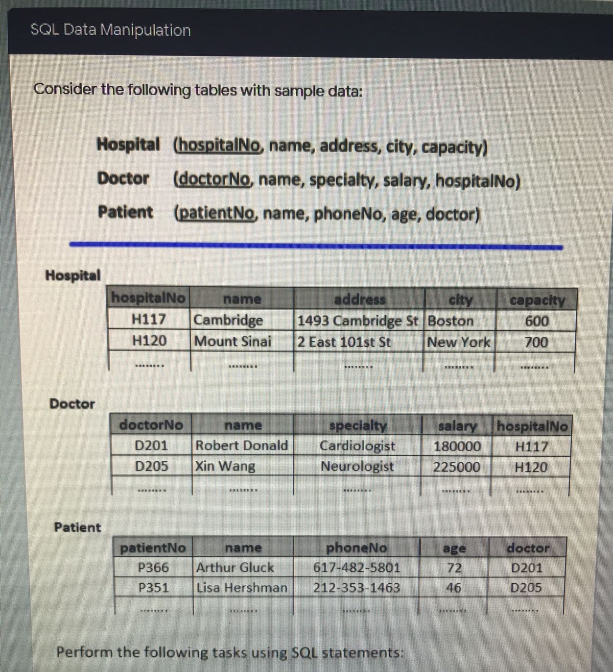 SQL Data Manipulation
Consider the following tables with sample data:
Hospital (hospitalNo, name, address, city, capacity)
Doctor
(doctorNo, name, specialty, salary, hospitalNo)
Patient (patientNo, name, phoneNo, age, doctor)
Hospital
hospitalNo
city capacity
address
1493 Cambridge St Boston
2 East 101st St New York 700
name
H117
Cambridge
600
H120
Mount Sinai
*******E
潮
...***
Doctor
cpecialty salary hospitalNo
| 180000
| 225000 H120
doctorNo
name
D201
Cardiologist
Robert Donald
Xin Wang
H117
D205
Neurologist
林
******
淋 琳
業
Patient
patientNo
P366
name phoneNo
Arthur Gluck
age doctor
D201
72
617-482-5801
P351
Lisa Hershman
212-353-1463 46
D205
Perform the following tasks using SQL statements:
