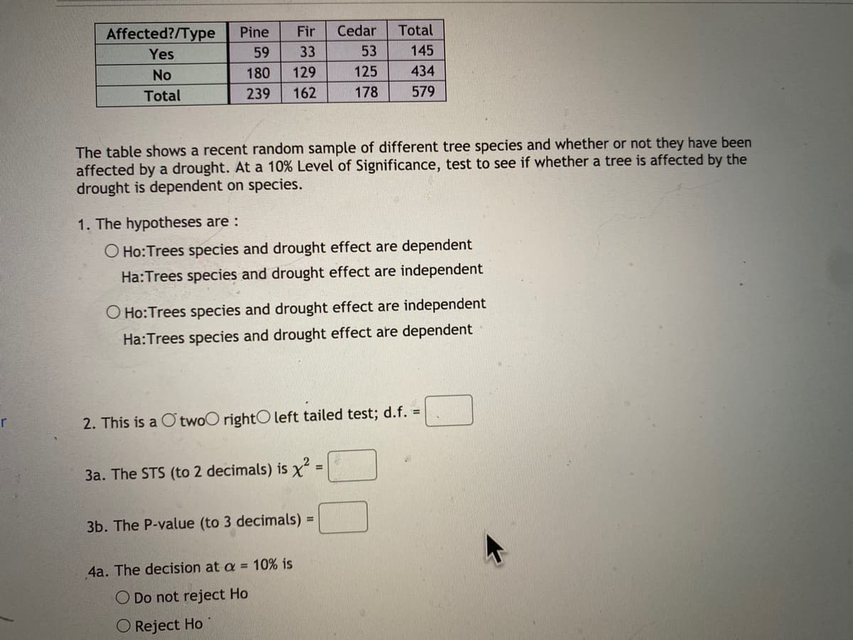 Affected?/Type
Pine
Fir
Cedar
Total
Yes
59
33
53
145
No
180
129
125
434
Total
239
162
178
579
The table shows a recent random sample of different tree species and whether or not they have been
affected by a drought. At a 10% Level of Significance, test to see if whether a tree is affected by the
drought is dependent on species.
1. The hypotheses are:
O Ho:Trees species and drought effect are dependent
Ha:Trees species and drought effect are independent
O Ho:Trees species and drought effect are independent
Ha:Trees species and drought effect are dependent
r
2. This is a O twoO rightO left tailed test; d.f. =
%3D
3a. The STS (to 2 decimals) is x
3b. The P-value (to 3 decimals) D
4a. The decision at a = 10% is
O Do not reject Ho
O Reject Ho
